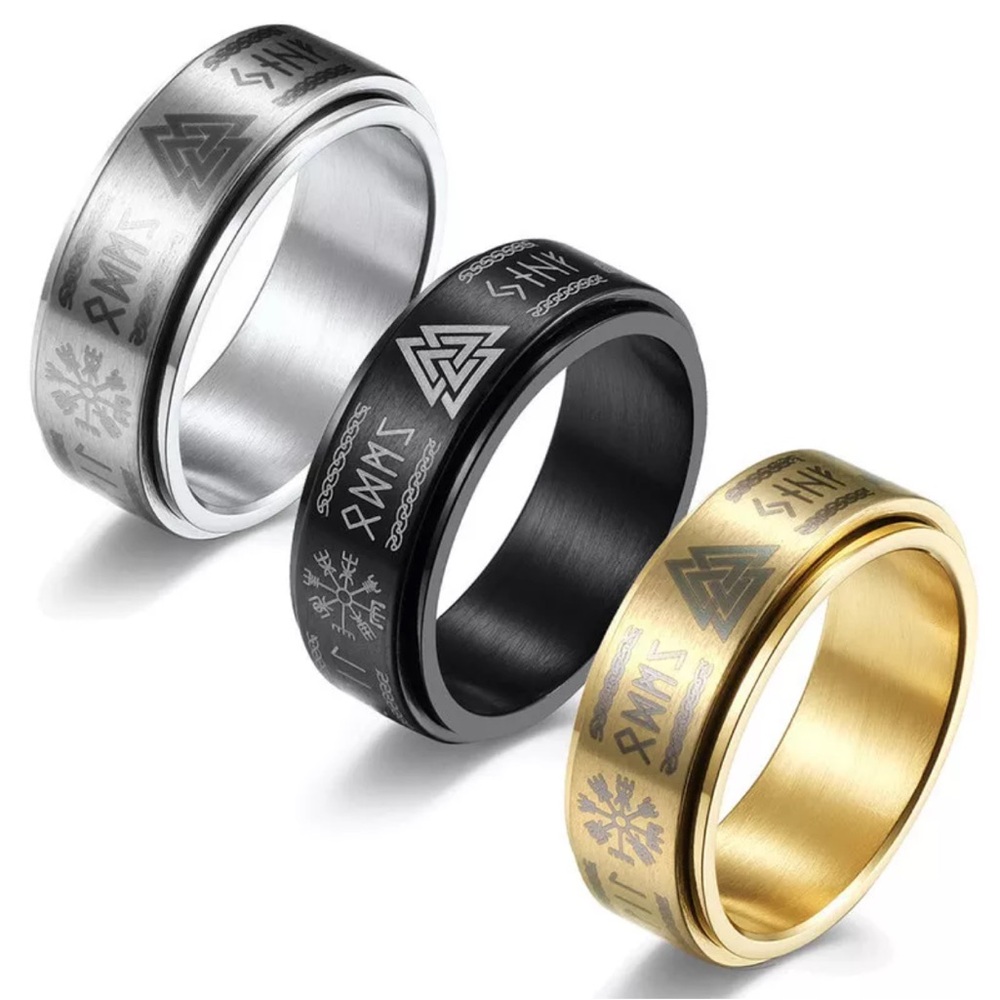 Rotatable Viking Amulet Stainless Steel Ring for Men Black-Hiphop size 8/11